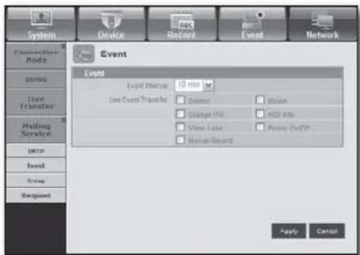 System Device Record Event Network Event Event Event Interface 10 min Use Event Transfer Sensor Control Change PIV H2O RMs Sines Line Privacy OutCP Manual Record Apply Cancel