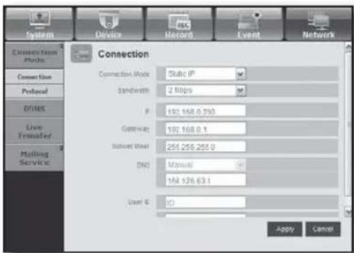 Connection Connection Mode: Static IP Bandwidth: 2 Mbps P: 101.168.0.750 Gateway: 192.168.0.1 Internet User: 255.255.255.0 DNS Manual: 194.126.63.1 User E: 0 Apply Cancel