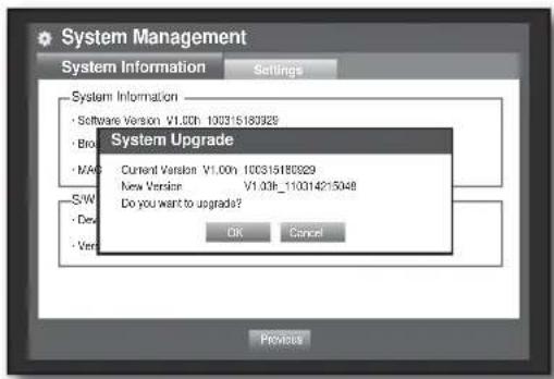 System Management System Information Settings System Information • Software Version V1.00h 100315180926 • Bro • M/AO • S/W • Dev • Ver System Upgrade Current Version V1.00h 100315180929 New Version V1.00h_110014215048 Do you want to upgrade? OK Cancel Previous