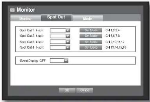 Monitor Monitor Spot Out Mode Spot Out 1 4-salt Spot Out 2 4-salt Spot Out 3 4-salt Spot Out 4 4-salt Set Mode C:1,2,3,4 Set Mode C:15,6,7,8 Set Mode C:18,10,11,12 Set Mode C:13,14,15,16 -Event Display CFF OK Cancel