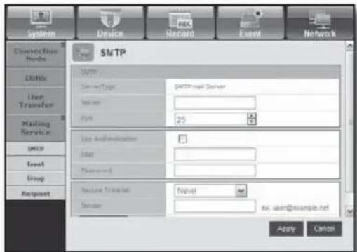 SMTP Server Type: SMTPmail Server Server: FST: 25 Use Administrator User: Password: Send Email: Net Server: ex. uian@boxsample.net Apply Cancel