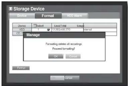 Storage Device Device Format HOD Alarm Device Select Used/Total Usage HDD 1 12.28G/498.37G Internal CG:0 Manage Formatting deletes all recordings. Proceed formatting? OK Cancel Format Cancel