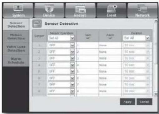 Sensor Detection Sensor Operation Set All Data Alerts Duration Set All 1 OFF 1 Name 10 sec 2 OFF 2 None 10 sec 3 OFF 3 None 10 sec 4 OFF 4 None 10 sec 5 OFF 5 None 10 sec 6 OFF 6 None 10 sec 7 OFF 7 None 10 sec 8 OFF 8 None 10 sec Apply Cancel