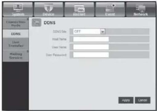 System Device Record Event Network Connection People DONS Live Transfer Mailing Service DONS DONS Site: OFF Host Name: User Name: User Password: Apply Cancel