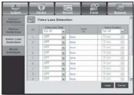 System Device Record Event Network Video Loss Detection CH Video Loss State Sol All Alarm Sol All 1 OFF None 10 sec 20 2 OFF None 10 sec 30 3 OFF None 10 sec 40 4 OFF None 10 sec 50 5 OFF None 10 sec 60 7 OFF None 10 sec 80 8 OFF None 10 sec 90 9 OFF None Apply Cancel