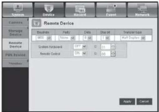 System Device Record Event Network Camera Storage Device Remote Device PU% Device Number Remote Device Describe Party Data Stop bit Transfer type 9600 No Noise 0.0 1.0 Half Dispersed System Enabled OFF D 0.0 Remote Control ON D 0.0 Apply Cancel