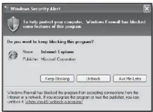 Windows Security Alert To help protect your computer, Windows Firewall has blocked some features of this program. Do you want to keep blocking this program? Name: Internet Explorer Publisher: Microsoft Corporation Keep Blocking Unlock Ask Me Later Windows Firewall has blocked this program from accepting connections from the Internet or a network. If you recognize the program or trust the publisher, you can unlock it. When should I unlock a program?