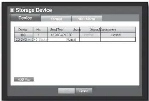 Storage Device Device Format HDD Alarm Devices No Used/Total Usage Status/Management HDD 1 12.2863499 37G Normal Normal CD/BVD = 0 Back Normal HDD Map Cancel