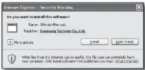 Internet Explorer: - Security Warning Do you want to install this software? Name: GlerionMan.cab Publisher: Samsung Techwin Co., Ltd. More options Install Don't Install While files from the Internet can be useful, the file type can potentially harm your computer. Only install software from publishers you trust. What's the risk?