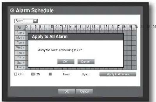 Alarm Schedule All Sun > Mon > Tue > Wed > Thu > Fri > Set > Hot Apply to All Alarm Apply the alarm scheduling to all? OK Cancel OFF ON Event Sync Apply to All Alarm OK Cancel