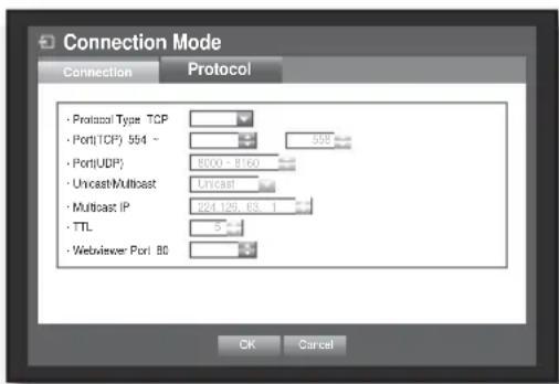 Connection Mode Connection Protocol • Protocol Type TCP • Port(TCP) 554 - • Port(UDP) • Uncast/Multast • Multicast IP • TTL • WebViewer Port 80 558 8000 - 9.60 Uncast 224,126,63,1 OK Cancel