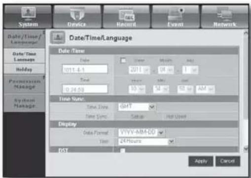 System Device Record Event Network Date/Time/Language Date /Time Date 1011-4-1 2011 04 pm 1 pm Total 10 pm 51 pm 62 pm AM pm Time Size: Time Size: GMT Time Sync: Setup Hot Usey Display Data Format: VYYV-MM-DD Test: 24 Hours PST Apply Cancel