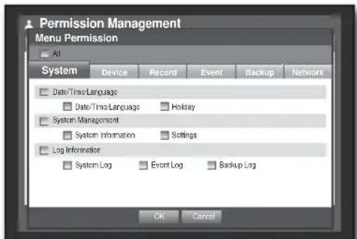 Permission Management Menu Permission All System Device Record Event Backup Network Date/Time/Language Date/Time/Language Holiday System Management System Information Settings Log Information System Log Event Log Backup Log OK Cancel