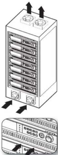 Diagram showing server rack with two fans and heat sinks, plus a close-up of the rack's internal components.