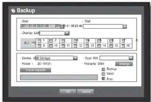 Backup Start End 2011-01-01 00:01:08 - 2011-01-01 08:25:45 Overlap List ALL 1 2 3 4 5 6 7 8 9 10 11 12 13 14 15 16 Device USB Storage Folder : 20110131: Type AWI Filename 0001 Change Backup Used Free Check capacity OK Cancel