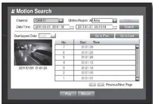 Motion Search Channel GAM 01 Motion Region All Area Data Time 2011-01-01 03:41:18 2011-01-01 06:11:44 Search Overlapped Data Last Go to First Go to Last No. Start Time 7 01:01:30 6 01:01:25 5 01:01:20 4 01:01:15 3 01:01:10 2 01:01:05 1 01:01:01 2011/01/01 01:01:33 Previous/Next Page Play Return