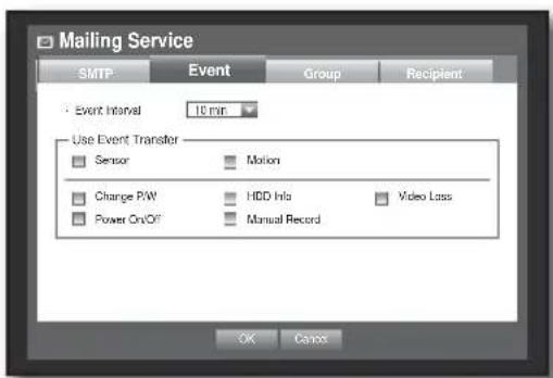 Mailing Service SMTP Event Group Recipient Event Interval 10 min Use Event Transfer Sensor Motion Change P/W HDD Info Video Loss Power On/O7 Manual Record OK Cancel