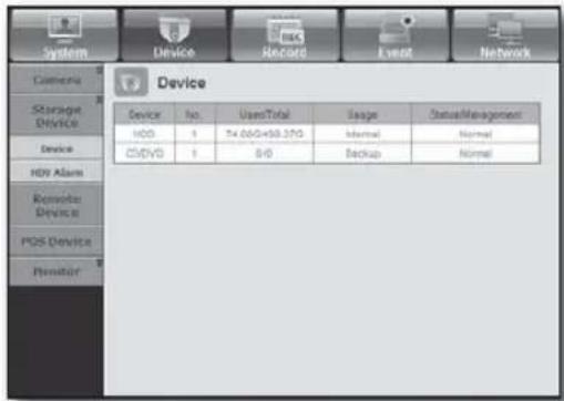 System Device Record Event Network Camera Storage Device Device HDD Alarm Remote Device POS Device Monitor Device No. Used/Total Usage Status/Management HDD 1 T4.000xH0.2750 Normal Normal C/DVD 1 8/0 Backup Normal