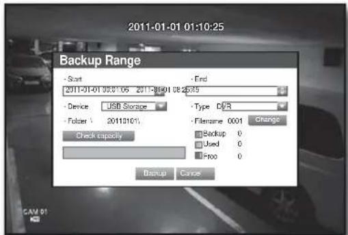 2011-01-01 01:10:25 Backup Range Start 2011-01-01 00:01:06 2011-01-01 08:25:35 Device USB Storage Folder 2011/01/ Check capacity Type DVR Filename 0001 Change Backup 0 Used 0 Free 0 Backup Cancel