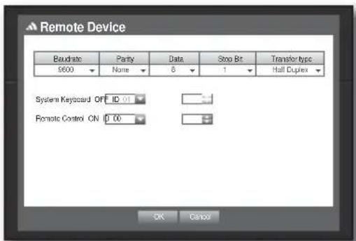 Remote Device Baudrate Parity Data Stop Bit Transfer type 9600 None 8 1 Half Duplex System Keyboard OFF ID 01 Fornate Control CN ID 00 OK Cancel