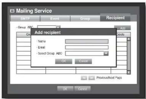 Mailing Service SMTP Event Group Recipient Group ABC Add Name Email Select Group ABC Add recipient Delete OK Cancel Previous Next Page OK Cancel