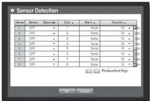 Sensor Detection Sensor Sensor Operation Corn Alarm Duration 1 OFF ▼ 1 None 10 None 2 OFF ▼ 2 None 10 No 3 OFF ▼ 3 None 10 No 4 OFF ▼ 4 None 10 No 5 OFF ▼ 5 None 10 No 6 OFF ▼ 6 None 10 No 7 OFF ▼ 7 None 10 No 8 OFF ▼ 8 None 10 No Previous/Next Page OK Cancel