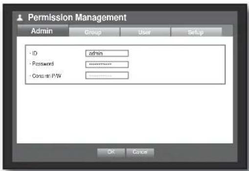 Permission Management Admin Group User Sepup • ID admin • Password ****** • Content P/W ****** OK Cancel