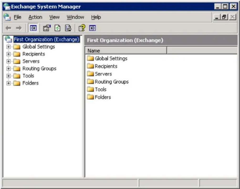 Exchange System Manager File Action View Window Help First Organization (Exchange) Global Settings Recipients Servers Routing Groups Tools Folders First Organization (Exchange) Name Global Settings Recipients Servers Routing Groups Tools Folders