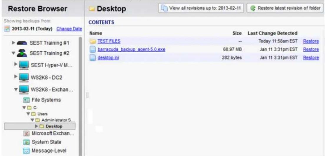 Restore Browser View all revisions up to: 2013-02-11 Restore latest revision of folder Showing backups from: 2013-02-11 (Today) Change Date CONTENTS Name Size Last Change Detected TEST FILES -- Today 11:58am EST Restore barracuda_backup_agent-5.0.exe 60.97 MB Jan 11 3:31pm EST Restore desktop.ini 282 bytes Jan 11 3:31pm EST Restore SEST Training #1 SEST Training #2 SEST Hyper-V M... WS2K8 - DC2 WS2K8 - Exchan... File Systems C: Users Administrator S... Desktop Microsoft Exchan... System State Message-Level