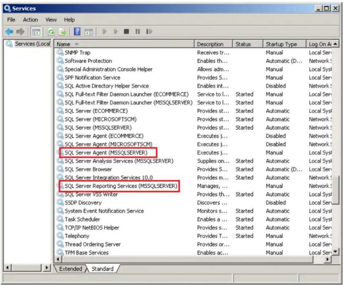 Services File Action View Help Name Description Status Startup Type Log On A SNMP Trap Receives tr... Manual Local Serv Software Protection Enables th... Automatic (D... Network S Special Administration Console Helper Allows adm... Manual Local Sysl SPP Notification Service Provides S... Manual Local Serv SQL Active Directory Helper Service Enables int... Disabled Network S SQL Full-text Filter Daemon Launcher (ECOMMERCE) Service to l... Started Manual Local Serv SQL Full-text Filter Daemon Launcher (MSSQLSERVER) Service to l... Started Manual Local Serv SQL Server (ECOMMERCE) Provides st... Started Automatic Local Sysl SQL Server (MICROSOFTSCM) Provides st... Started Automatic Network S SQL Server (MSSQLSERVER) Provides st... Started Automatic Network S SQL Server Agent (ECOMMERCE) Executes j... Disabled Network S SQL Server Agent (MICROSOFTSCM) Executes j... Disabled Network S SQL Server Agent (MSSQLSERVER) Executes j... Manual Local Sysl SQL Server Analysis Services (MSSQLSERVER) Supplies on... Started Automatic Local Sysl SQL Server Browser Provides S... Started Automatic (D... Local Serv SQL Server Integration Services 10.0 Provides m... Started Automatic Network S SQL Server Reporting Services (MSSQLSERVER) Manages, ... Manual Network S SQL Server VSS Writer Provides th... Started Automatic Local Sysl SSDP Discovery Discovers ... Disabled Local Serv System Event Notification Service Monitors s... Started Automatic Local Sysl Task Scheduler Enables a ... Started Automatic Local Sysl TCP/IP NetBIOS Helper Provides s... Started Automatic Local Serv Telephony Provides T... Started Manual Network S Thread Ordering Server Provides or... Manual Local Serv TPM Base Services Enables ac... Manual Local Serv Extended Standard