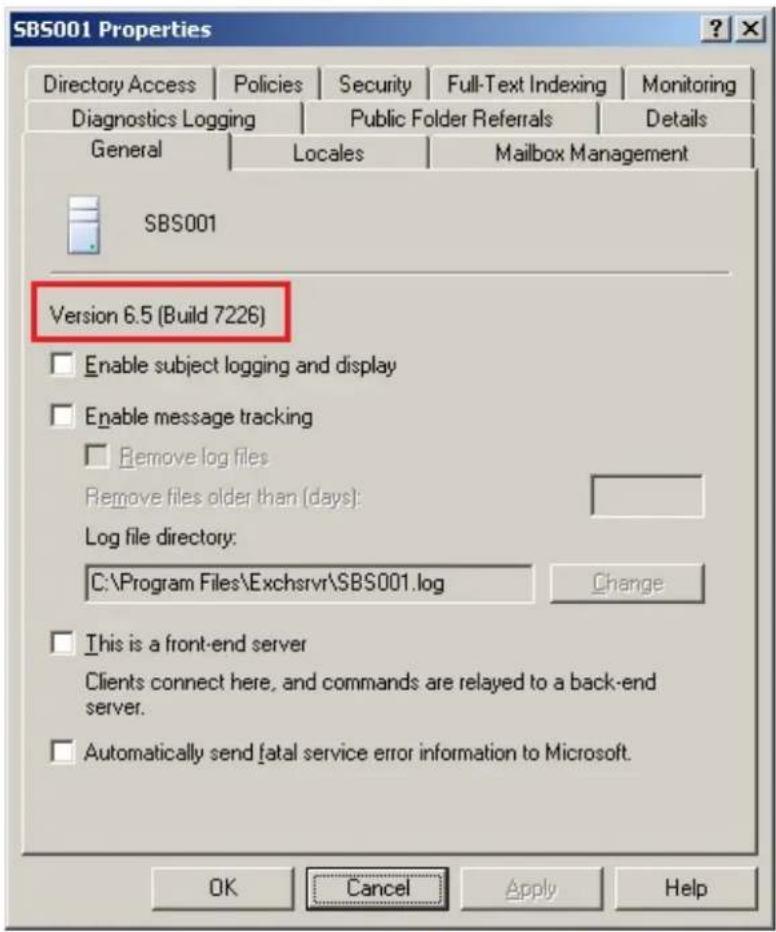 SBS001 Properties Directory Access | Policies | Security | Full-Text Indexing | Monitoring Diagnostics Logging | Public Folder Referrals | Details General | Locales | Mailbox Management SBS001 Version 6.5 (Build 7226) Enable subject logging and display Enable message tracking Remove log files Remove files older than (days): Log file directory: C:\Program Files\Exchsrvr\SBS001.log Change This is a front-end server Clients connect here, and commands are relayed to a back-end server. Automatically send fatal service error information to Microsoft. OK Cancel Apply Help