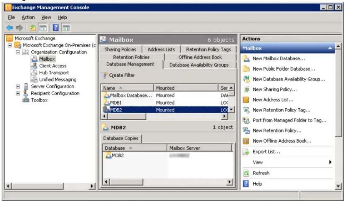 Exchange Management Console File Action View Help Microsoft Exchange Microsoft Exchange On-Premises (c Organization Configuration Mailbox Client Access Hub Transport Unified Messaging Server Configuration Recipient Configuration Toolbox Mailbox 6 objects Sharing Policies Address Lists Retention Policy Tags Retention Policies Offline Address Book Database Management Database Availability Groups Create Filter Name Mounted Ser Mailbox Database... Mounted DA# MDB1 Mounted LOC MDB2 Mounted LOC MDB2 1 object Database Copies Database Mailbox Server MDB2 Actions Mailbox New Mailbox Database... New Public Folder Database... New Database Availability Group... New Sharing Policy... New Address List... New Retention Policy Tag... Port from Managed Folder to Tag... New Retention Policy... New Offline Address Book... Export List... View Refresh Help