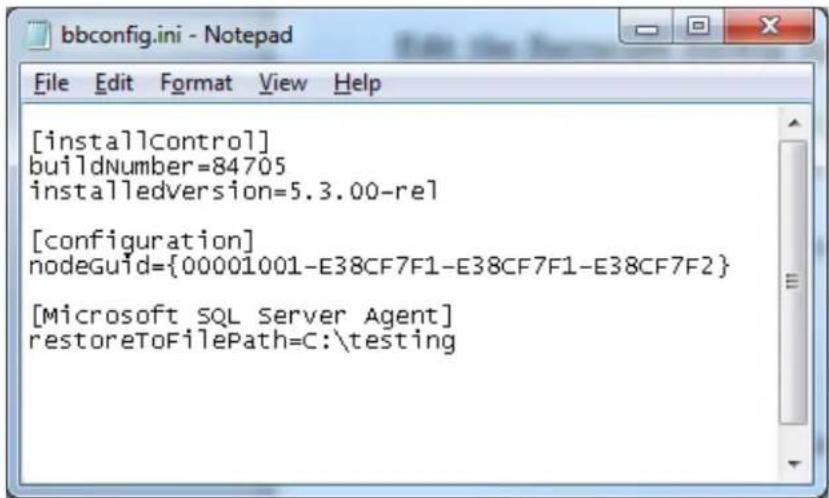 [installControl] buildNumber=84705 installedversion=5.3.00-rel [configuration] nodeGuid={00001001-E38CF7F1-E38CF7F1-E38CF7F2} [Microsoft SQL Server Agent] restoreToFilePath=C:\testing