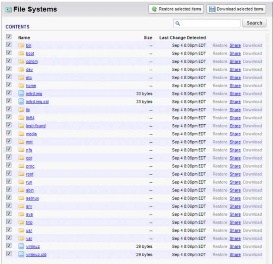File Systems Restore selected items Download selected items CONTENTS Search Name Size Last Change Detected bin -- Sep 4 8:06pm EDT Restore Share Download boot -- Sep 4 8:06pm EDT Restore Share Download cdrom -- Sep 4 8:06pm EDT Restore Share Download dev -- Sep 4 8:06pm EDT Restore Share Download etc -- Sep 4 8:06pm EDT Restore Share Download home -- Sep 4 8:06pm EDT Restore Share Download intrd img 33 bytes Sep 4 8:06pm EDT Restore Share Download intrd img old 33 bytes Sep 4 8:06pm EDT Restore Share Download lib -- Sep 4 8:06pm EDT Restore Share Download lib64 -- Sep 4 8:06pm EDT Restore Share Download lost+found -- Sep 4 8:06pm EDT Restore Share Download media -- Sep 4 8:06pm EDT Restore Share Download mnt -- Sep 4 8:06pm EDT Restore Share Download nfs -- Sep 4 8:06pm EDT Restore Share Download opt -- Sep 4 8:06pm EDT Restore Share Download proc -- Sep 4 8:06pm EDT Restore Share Download root -- Sep 4 8:06pm EDT Restore Share Download run -- Sep 4 8:06pm EDT Restore Share Download sbin -- Sep 4 8:06pm EDT Restore Share Download selinux -- Sep 4 8:06pm EDT Restore Share Download srv -- Sep 4 8:06pm EDT Restore Share Download svs -- Sep 4 8:06pm EDT Restore Share Download tmp -- Sep 4 8:06pm EDT Restore Share Download usr -- Sep 4 8:06pm EDT Restore Share Download var -- Sep 4 8:06pm EDT Restore Share Download vmlinuz 29 bytes Sep 4 8:06pm EDT Restore Share Download vmlinuz old 29 bytes Sep 4 8:06pm EDT Restore Share Download