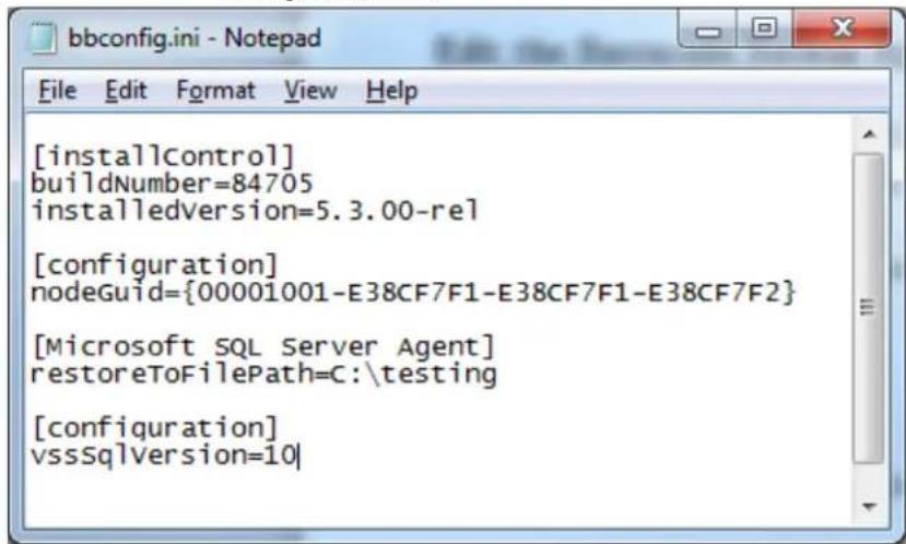 [installControl] buildNumber=84705 installedversion=5.3.00-rel [configuration] nodeGuid={00001001-E38CF7F1-E38CF7F1-E38CF7F2} [Microsoft SQL Server Agent] restoreToFilePath=C:\testing [configuration] vssSqlVersion=10