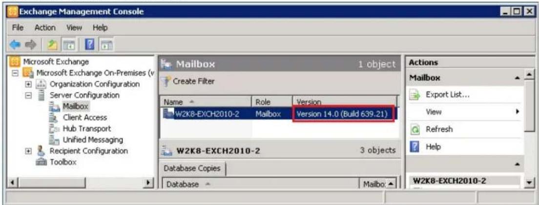 Exchange Management Console File Action View Help Microsoft Exchange Microsoft Exchange On-Premises (v) Organization Configuration Server Configuration Mailbox Client Access Hub Transport Unified Messaging Recipient Configuration Toolbox Mailbox 1 object Create Filter Name Role Version W2K8-EXCH2010-2 Mailbox Version 14.0 (Build 639.21) W2K8-EXCH2010-2 3 objects Database Copies Database Mailbox Actions Mailbox Export List... View Refresh Help W2K8-EXCH2010-2