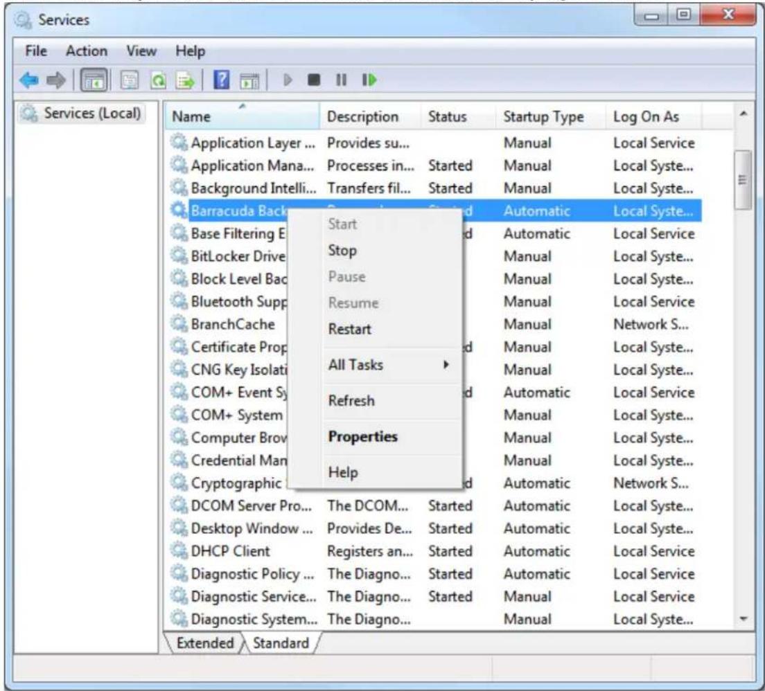 Services File Action View Help Services (Local) Name Description Status Startup TypeLoad On As Application Layer... Provides su... Manual Local Service Application Mana... Processes in... Started Manual Local Syste... Background Intelli... Transfers fil... Started Manual Local Syste... Barracuda Back Start Automatic Local Syste... Base Filtering E Stop Automatic Local Service BitLocker Drive Pause Manual Local Syste... Block Level Bac Resume Manual Local Syste... Bluetooth Supp Restart Manual Local Service BranchCache All Tasks Manual Network S... Certificate Prop Refresh Manual Local Syste... CNG Key Isolati Properties Manual Local Syste... COM+ Event Sy Help Automatic Local Service COM+ System Computer Brow Credential Man Cryptographic Automatic Local Syste... DCOM Server Pro... The DCOM... Started Automatic Local Syste... Desktop Window ... Provides De... Started Automatic Local Syste... DHCP Client Registers an... Started Automatic Local Service Diagnostic Policy ... The Diagno... Started Automatic Local Service Diagnostic Service... The Diagno... Started Manual Local Service Diagnostic System... The Diagno... Manual Local Syste... Extended Standard