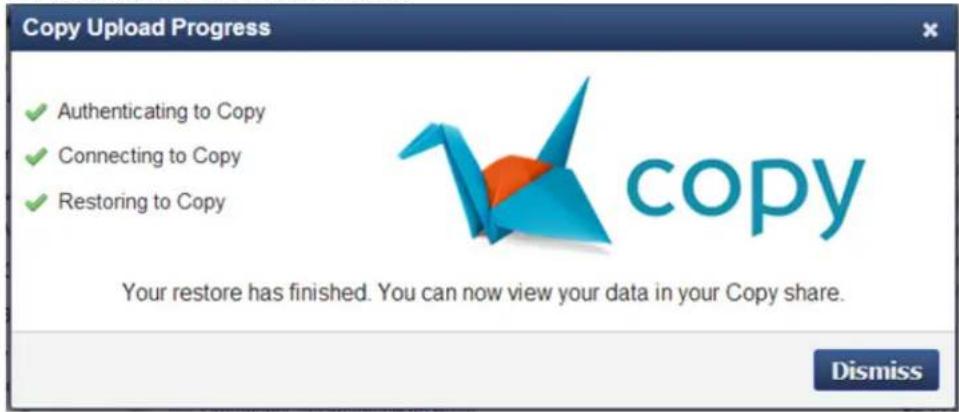 Copy Upload Progress ✓ Authenticating to Copy ✓ Connecting to Copy ✓ Restoring to Copy copy Your restore has finished. You can now view your data in your Copy share. Dismiss