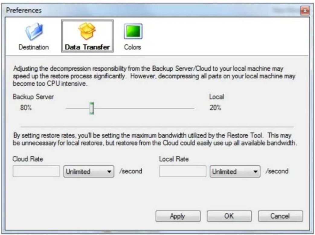 Preferences Destination Data Transfer Colors Adjusting the decompression responsibility from the Backup Server/Cloud to your local machine may speed up the restore process significantly. However, decompressing all parts on your local machine may become too CPU intensive. Backup Server Local 80% 20% By setting restore rates, you'll be setting the maximum bandwidth utilized by the Restore Tool. This may be unnecessary for local restores, but restores from the Cloud could easily use up all available bandwidth. Cloud Rate Local Rate Unlimited /second Unlimited /second Apply OK Cancel