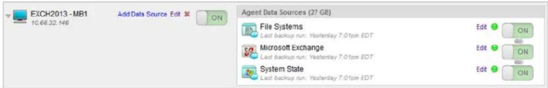 EXCH2013 - MB1 10.66.32.146 Add Data Source Edit ON Agent Data Sources (27 GB) File Systems Last backup run: Yesterday 7.01pm EDT Microsoft Exchange Last backup run: Yesterday 7.01pm EDT System State Last backup run: Yesterday 7.01pm EDT Edit ON Edit ON Edit ON