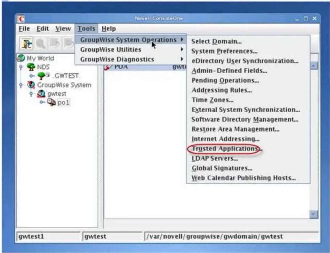 Novell ConsoleOne File Edit View Tools Help GroupWise System Operations > GroupWise Utilities > GroupWise Diagnostics > POA gwt Select Domain... System Preferences... eDirectory User Synchronization... Admin-Defined Fields... Pending Operations... Addressing Rules... Time Zones... External System Synchronization... Software Directory Management... Restore Area Management... Internet Addressing... Trusted Applications... LDAP Servers... Global Signatures... Web Calendar Publishing Hosts... gwtest1 gwtest /var/novell/groupwise/gwdomain/gwtest