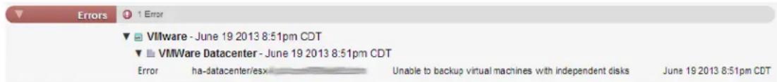 Errors ▼ VMware - June 19 2013 8:51pm CDT ▼ VMware Datacenter - June 19 2013 8:51pm CDT Error ha-datacenter/esx Unable to backup virtual machines with independent disks June 19 2013 8:51pm CDT