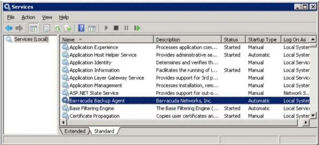 Services File Action View Help Services (Local) Name Description Status Startup Type\Log On As Application Experience Processes application com... Started Manual Local Syster Application Host Helper Service Provides administrative se... Started Automatic Local Syster Application Identity Determines and verifies th... Manual Local Servic Application Information Facilitates the running of i... Started Manual Local Syster Application Layer Gateway Service Provides support for 3rd p... Manual Local Servic Application Management Processes installation, rem... Manual Local Syster ASP.NET State Service Provides support for out-o... Manual Network S.. Barracuda Backup Agent Barracuda Networks, Inc. Base Filtering Engine The Base Filtering Engine (... Started Automatic Local Servic Certificate Propagation Copies user certificates an... Started Manual Local Syster Extended Standard