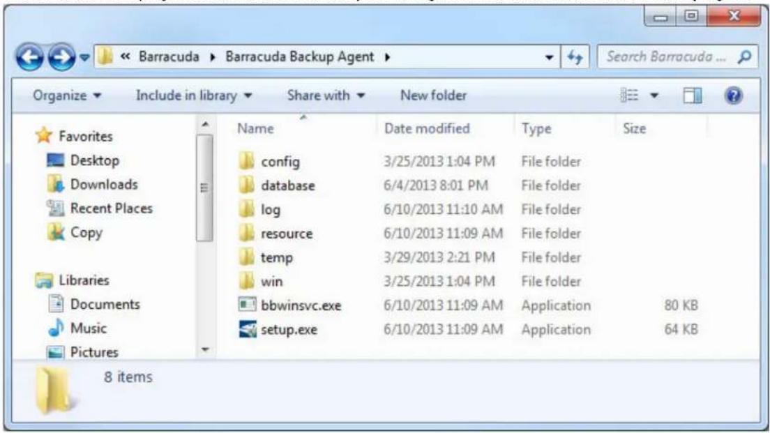 Barracuda ▶ Barracuda Backup Agent Organize ▼ Include in library ▼ Share with ▼ New folder Favorites Desktop Downloads Recent Places Copy Libraries Documents Music Pictures 8 items Name Date modified Type Size config 3/25/2013 1:04 PM File folder database 6/4/2013 8:01 PM File folder log 6/10/2013 11:10 AM File folder resource 6/10/2013 11:09 AM File folder temp 3/29/2013 2:21 PM File folder win 3/25/2013 1:04 PM File folder bbwinsvc.exe 6/10/2013 11:09 AM Application 80 KB setup.exe 6/10/2013 11:09 AM Application 64 KB
