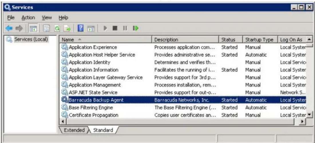 Services File Action View Help Services (Local) Name Description Status Startup Type\Log On As Application Experience Processes application com... Started Manual Local Syster Application Host Helper Service Provides administrative se... Started Automatic Local Syster Application Identity Determines and verifies th... Manual Local Servic Application Information Facilitates the running of i... Started Manual Local Syster Application Layer Gateway Service Provides support for 3rd p... Manual Local Servic Application Management Processes installation, rem... Manual Local Syster ASP.NET State Service Provides support for out-o... Manual Network S.. Barracuda Backup Agent Barracuda Networks, Inc. Started Automatic Local Syster Base Filtering Engine The Base Filtering Engine (... Started Automatic Local Servic Certificate Propagation Copies user certificates an... Started Manual Local Syster Extended Standard