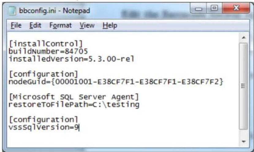 [installControl] buildNumber=84705 installedversion=5.3.00-rel [configuration] nodeGuid={00001001-E38CF7F1-E38CF7F1-E38CF7F2} [Microsoft SQL Server Agent] restoreToFilePath=C:\testing [configuration] vssSqlVersion=9