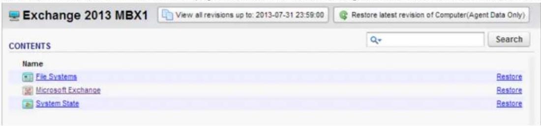 Exchange 2013 MBX1 View all revisions up to: 2013-07-31 23:59:00 Restore latest revision of Computer(Agent Data Only) CONTENTS Search Name File Systems Microsoft Exchange System State Restore Restore Restore