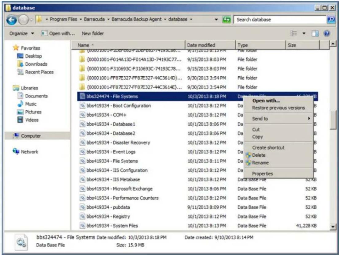 bbs324474 - File Systems Date modified: 10/3/2013 8:18 PM Data Base File Size: 15.9 MB File folder File folder File folder File folder Data Base File 16,728 KB Open with... Restore previous versions Send to Cut: Copy Create shortcut Delete Rename Properties Data Base File 52 KB Data Base File 52 KB Data Base File 52 KB Data Base File 52 KB Data Base File 52 KB Data Base File 52 KB Data Base File 41,228 KB