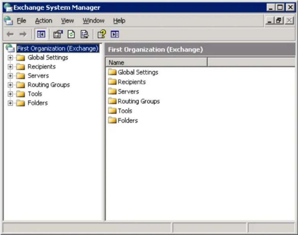 Exchange System Manager File Action View Window Help First Organization (Exchange) Global Settings Recipients Servers Routing Groups Tools Folders First Organization (Exchange) Name Global Settings Recipients Servers Routing Groups Tools Folders
