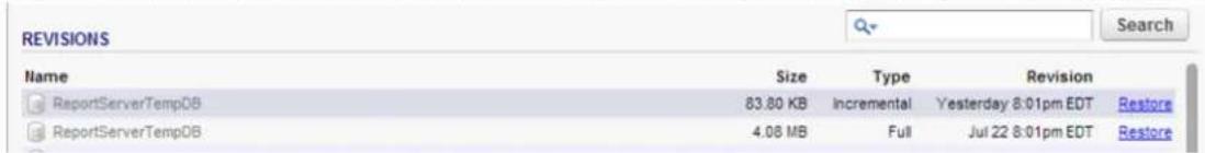 REVISIONS Name Size Type Revision ReportServerTempDB 83.80 KB Incremental Yesterday 8:01pm EDT Restore ReportServerTempDB 4.08 MB Full Jul 22 8:01pm EDT Restore